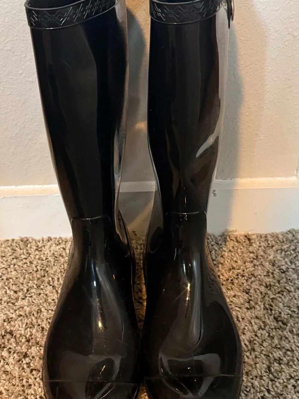 UGG Shay Glossy Black Tall Rain Boots with Logo Button